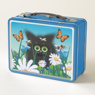 Cute Fluffy Kitten in Daisy Meadow Metal Lunch Box