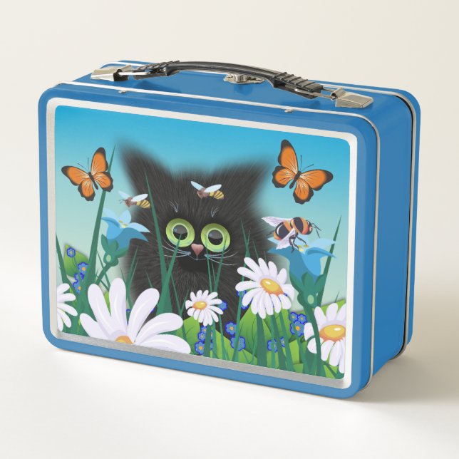 Cute Fluffy Kitten in Daisy Meadow Metal Lunch Box (Back)