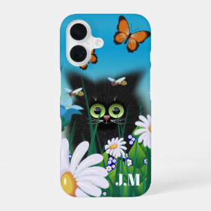 Cute Fluffy Kitten in Daisy Meadow Monogram iPhone 16 Case