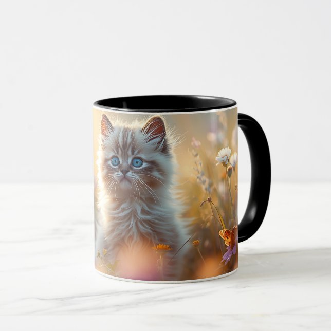 Cute Fluffy Kitten in Wildflowers Coffee Mug (Devant droit)