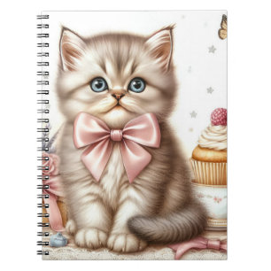 CUTE FLUFFY KITTEN WITH BOWS & CUPCAKES NOTEBOOK