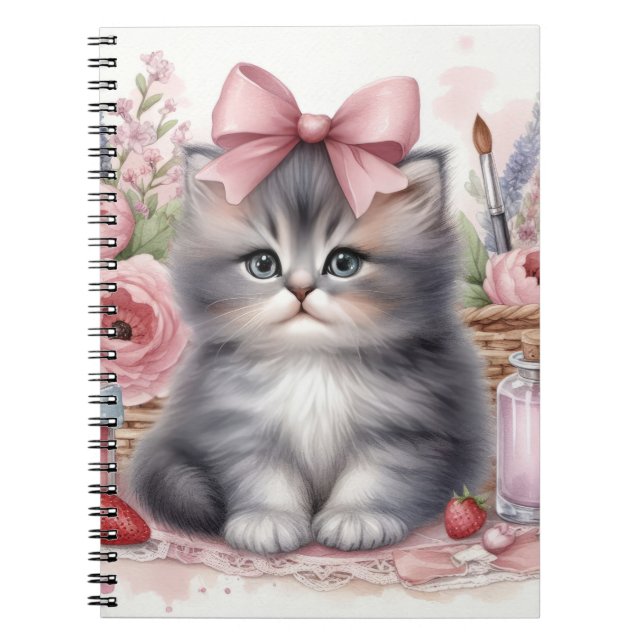 CUTE FLUFFY KITTEN WITH BOWS & FLOWERS NOTEBOOK (Front)