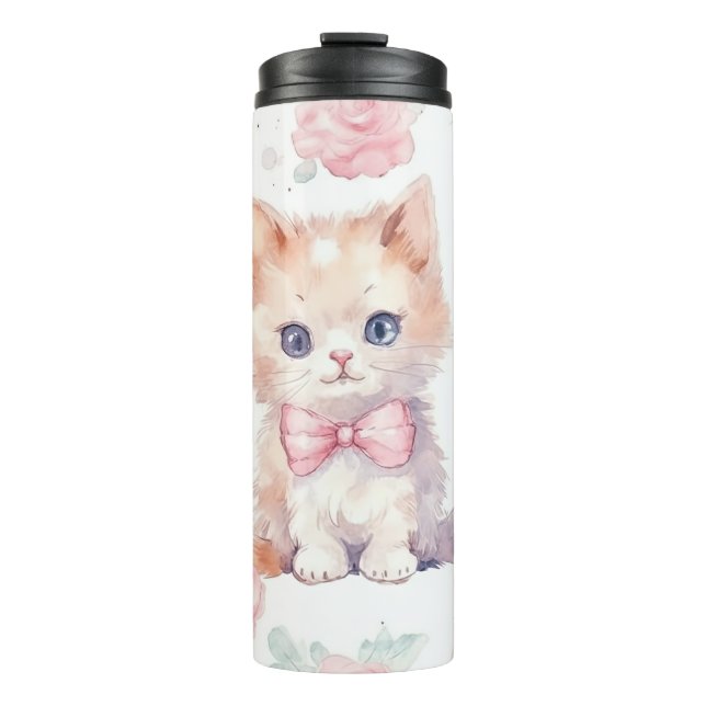 Cute Fluffy Kittens with Pink Roses Thermal Tumbler (Front)