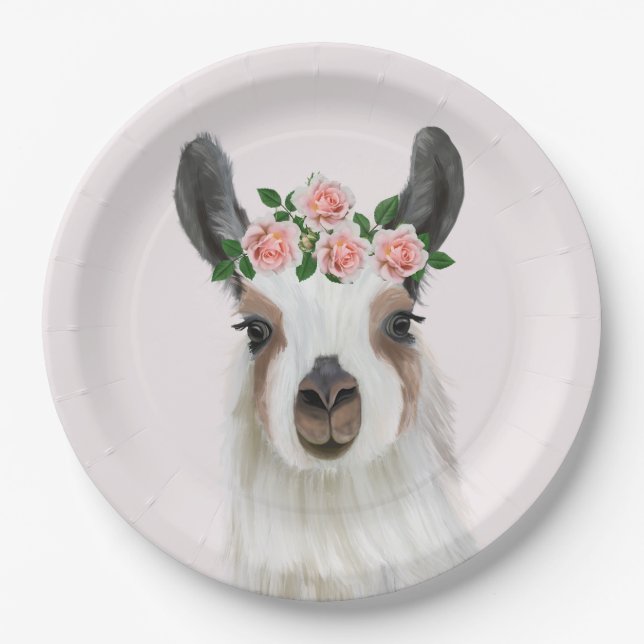 Cute Fluffy Llama With Rose Flower Crown Pink  Paper Plate (Front)