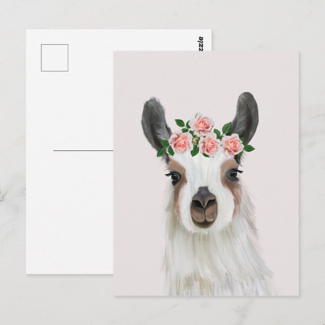 Cute Fluffy Llama With Rose Flower Crown Pink Postcard (Front/Back)