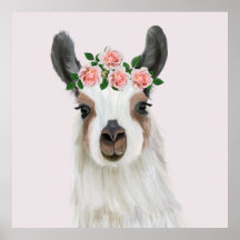Cute Fluffy Llama With Rose Flower Crown Pink