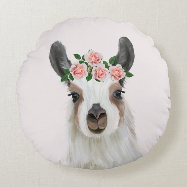 Cute Fluffy Llama With Rose Flower Crown Pink  Round Pillow (Front)