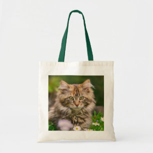 Cute Fluffy Maine Coon Kitten Cat in Flowers Photo Tote Bag