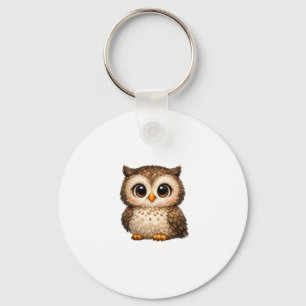 Cute Fluffy Owl Big Eyes Cartoon Digital Art Brown Keychain