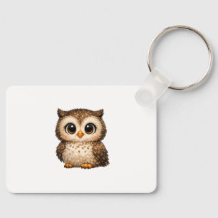 Cute Fluffy Owl Big Eyes Cartoon Digital Art Brown Keychain