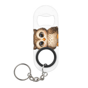 Cute Fluffy Owl Big Eyes Cartoon Digital Art Brown Keychain Bottle Opener