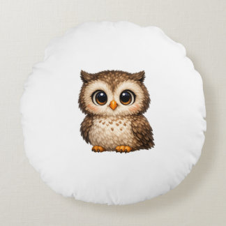 Cute Fluffy Owl Big Eyes Cartoon Digital Art Brown Round Pillow
