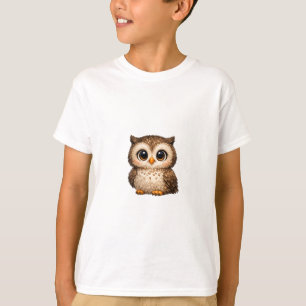 Cute Fluffy Owl Big Eyes Cartoon Digital Art Brown T-Shirt