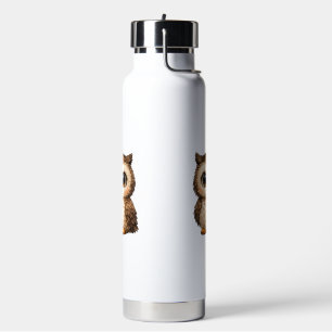 Cute Fluffy Owl Big Eyes Cartoon Digital Art Brown Water Bottle
