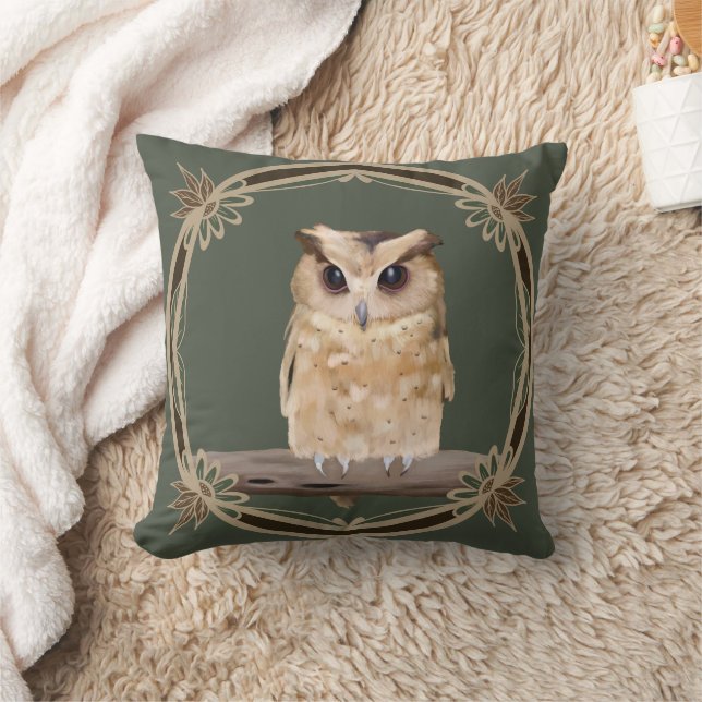 Cute Fluffy Owl With Floral Frame Throw Pillow (Blanket)