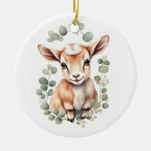 Cute Fluffy Peach Baby Goat & Eucalyptus Ceramic Ornament
