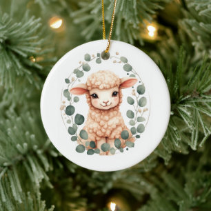 Cute Fluffy Peach Baby Lamb & Eucalyptus Ceramic Ornament