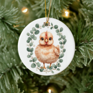 Cute Fluffy Peach Chicken & Eucalyptus Christmas Ceramic Ornament