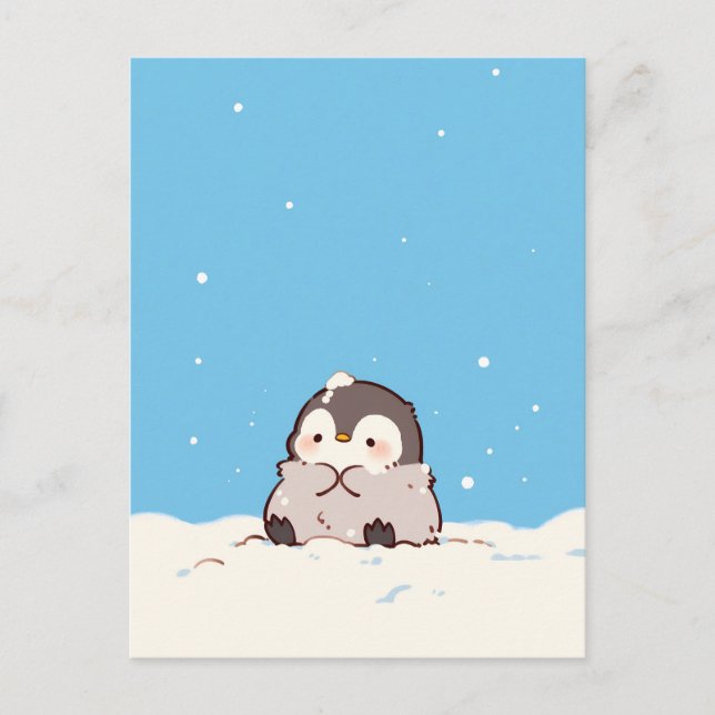 Cute Fluffy Penguin in Snowy Winter Landscape Postcard (Front)