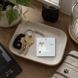 Cute Fluffy Persian Cat Funny Meow Blue Keychain