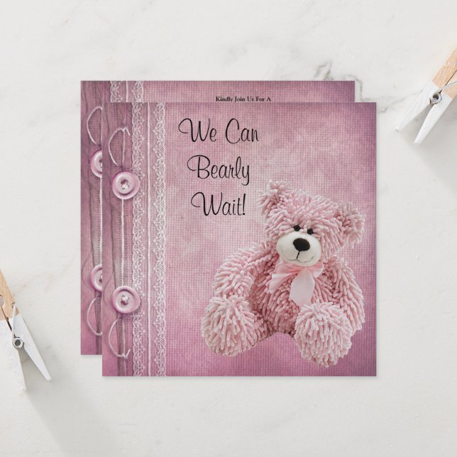 Cute Fluffy Pink Teddy Baby Shower Invitation (Front/Back In Situ)