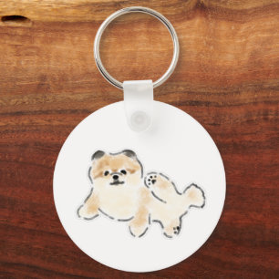 Cute Fluffy Pomeranian Puppy Lying Down Keychain