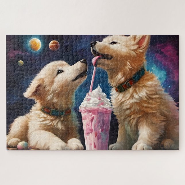 Cute Fluffy Puppies howl moon, milkshakes planets Jigsaw Puzzle (Horizontal)