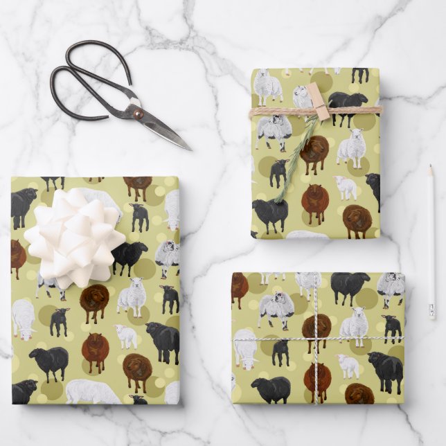 Cute Fluffy Sheep Lambs Pattern Farmer Wrapping Paper Sheet (Front)