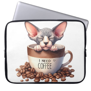 CUTE FLUFFY SPHYNX KITTEN IN COFFEE CUP LAPTOP SLEEVE