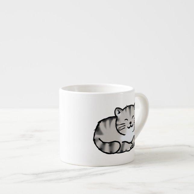 cute fluffy tabby grey tiger cat espresso cup (Front Right)