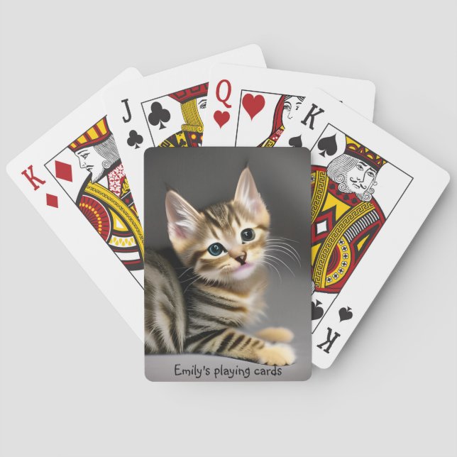 Cute fluffy tabby kitten - personalizable  playing cards (Back)
