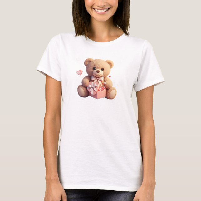 Cute Fluffy Teddy Bear with Heart  Valentine T-Shirt (Front)