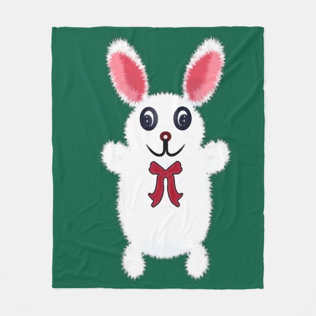 Cute Fluffy White Bunny Rabbit with Red Bow - Chri Fleece Blanket (Front)