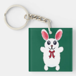 Cute Fluffy White Bunny Rabbit with Red Bow - Chri Keychain