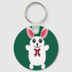 Cute Fluffy White Bunny Rabbit with Red Bow - Chri Keychain
