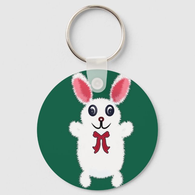 Cute Fluffy White Bunny Rabbit with Red Bow - Chri Keychain (Front)