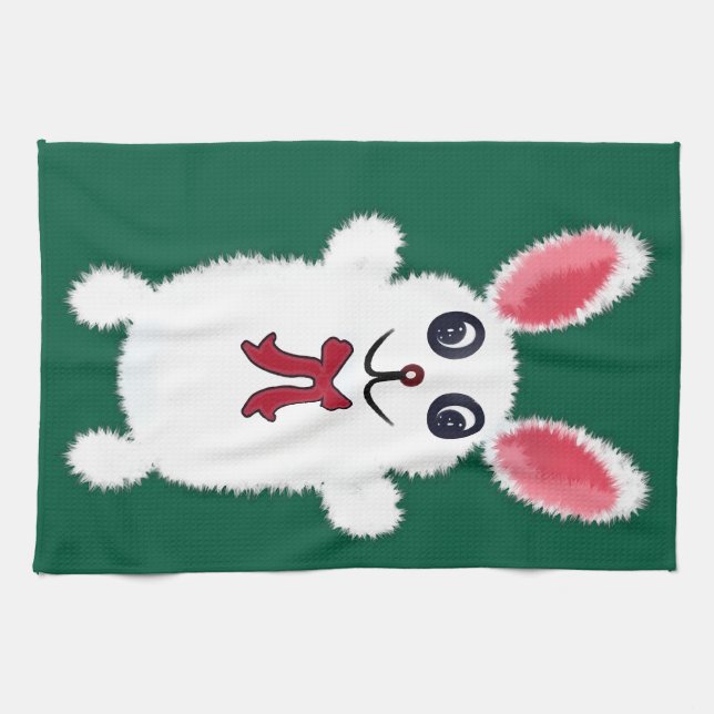 Cute Fluffy White Bunny Rabbit with Red Bow - Chri Kitchen Towel (Horizontal)