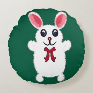 Cute Fluffy White Bunny Rabbit with Red Bow - Chri Round Pillow