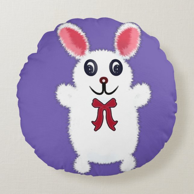 Cute Fluffy White Bunny Rabbit with Red Bow - Chri Round Pillow (Front)