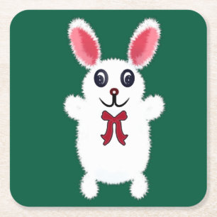 Cute Fluffy White Bunny Rabbit with Red Bow - Chri Square Paper Coaster