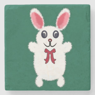 Cute Fluffy White Bunny Rabbit with Red Bow - Chri Stone Coaster
