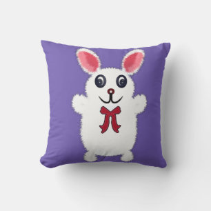 Cute Fluffy White Bunny Rabbit with Red Bow - Chri Throw Pillow