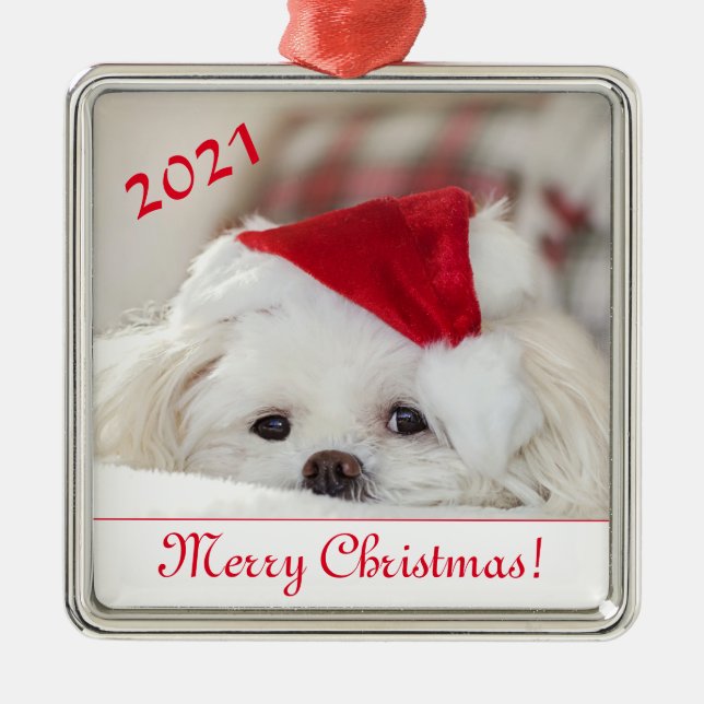 Cute Fluffy White Maltese Puppy Dog in a Santa Hat Metal Ornament (Front)