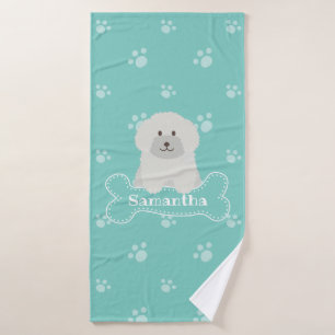 Cute Fluffy White Poodle Puppy Dog Lover Monogram Bath Towel
