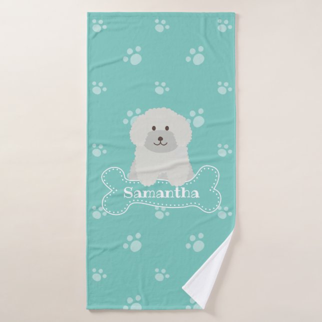 Cute Fluffy White Poodle Puppy Dog Lover Monogram Bath Towel (Bath Towel)