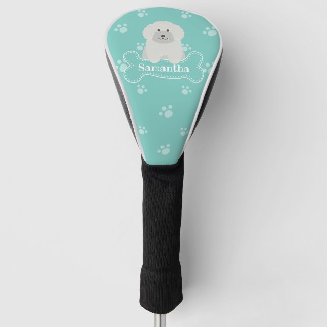 Cute Fluffy White Poodle Puppy Dog Lover Monogram Golf Head Cover (Front)