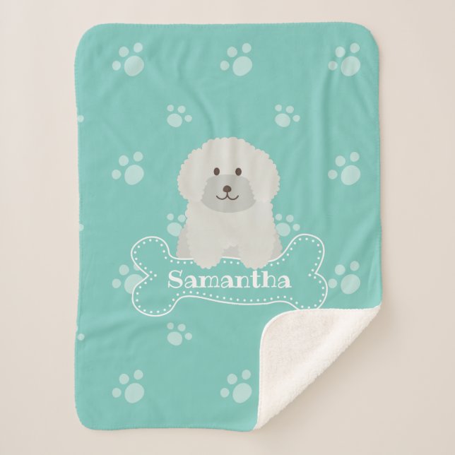 Cute Fluffy White Poodle Puppy Dog Lover Monogram Sherpa Blanket (Front)
