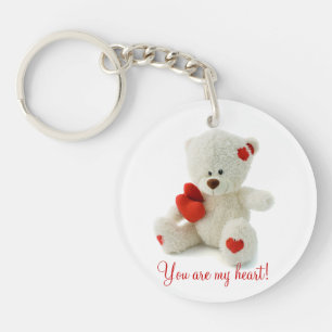 Cute Fluffy White Teddy Bear With a Heart Keychain
