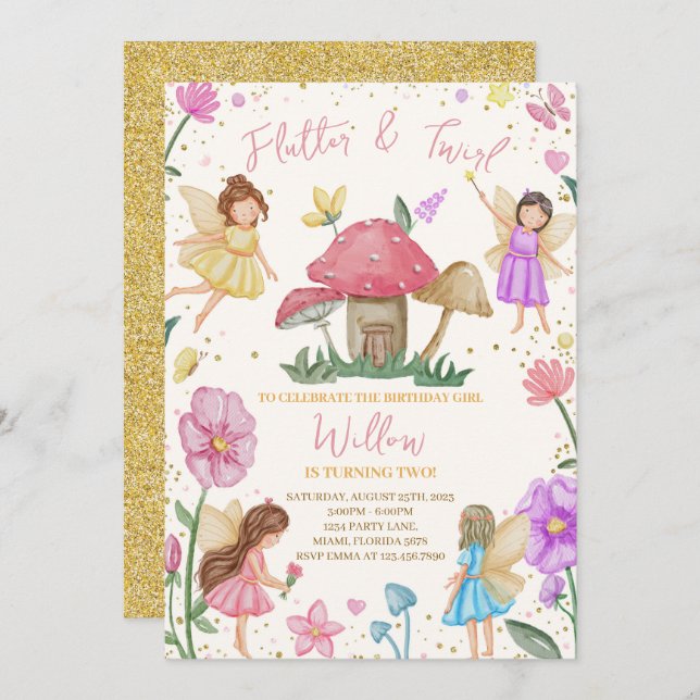 Cute Flutter and Twirl Fairy Birthday Invitation (Front/Back)
