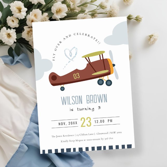 Cute Fly Over Airplane Cloud Heart Birthday Invite (Creator Uploaded)